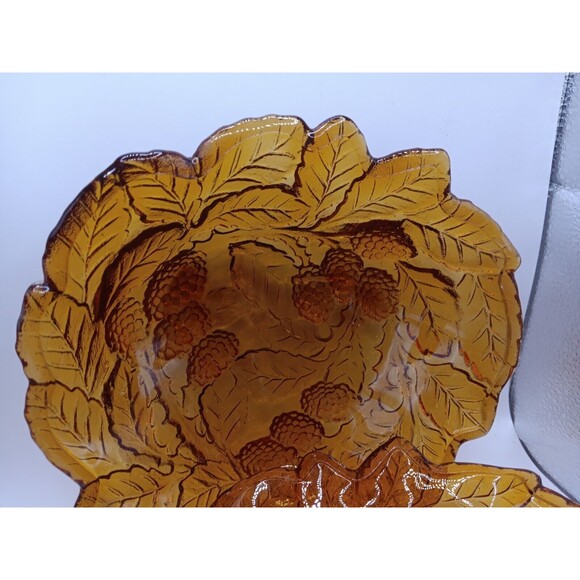 2) Vintage Amber Carnival Glass Candy Dish / Bowls Leaves & Berries Solid Amber - Picture 2 of 9